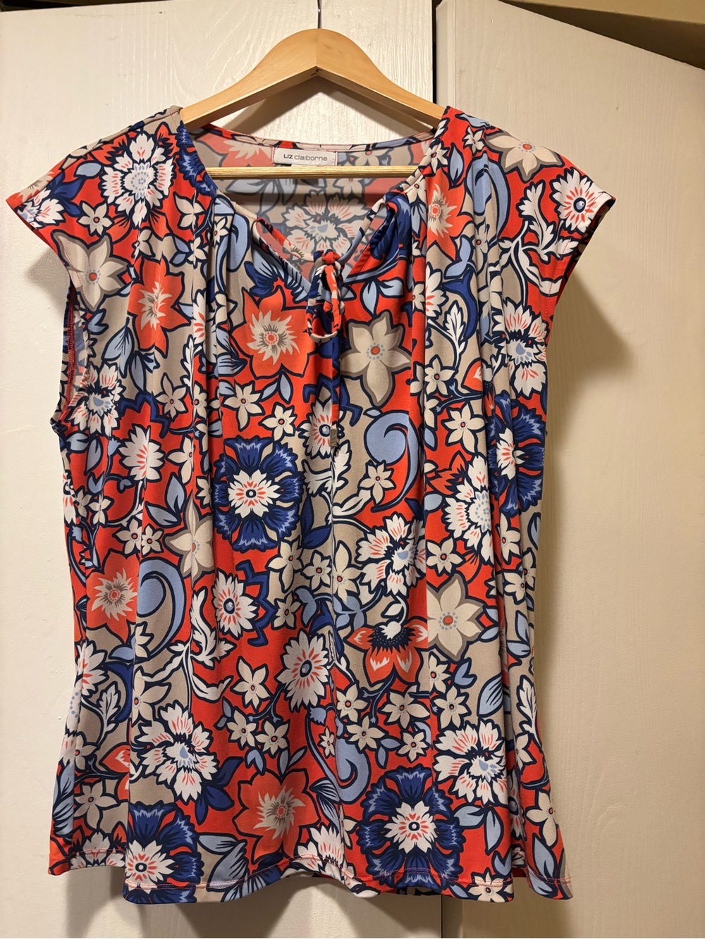 Liz Claiborne Orange Blue Floral Tie-Neck Cap Sleeve Top